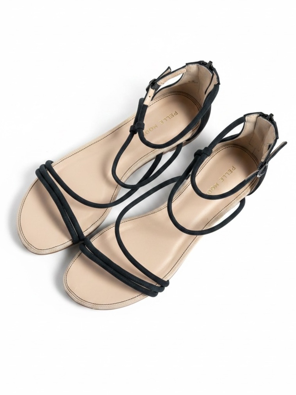 Pelle Moda Strappy Suede Flat Sandals Navy Blue Ankle Zip Size 9.5